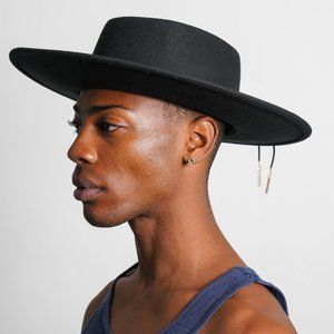 Black Boater Hat with dangling gold tassels